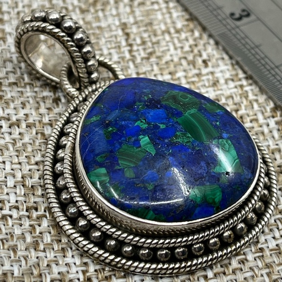 Vintage 925 Sterling Silver Azurite-Malachite Pendant - Picture 10 of 17